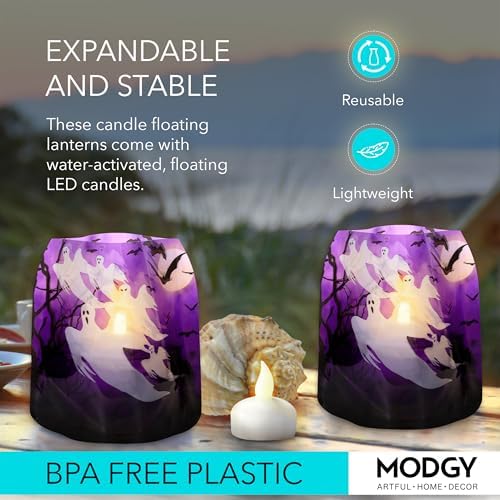 MODGY Luminary Lanterns Candle Holder Decorative Indoor Outdoor Decor, Lanterns for Wedding Centerpiece Decoration Outside Patio, with Flameless Floating LED Candles, Boo! Pack of 2 - Image 3