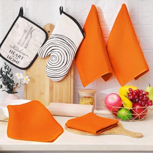 Homaxy 100% Cotton Waffle Weave Kitchen Dish Cloths 6-Pack, Orange - Image 6