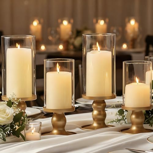 NITIME 4Pcs Hurricane Candle Holder for Pillar Candles, Gold Candle Holders with Clear Glass Sleeve for Table Centerpieces,Pillar Candle Holders for Home Decor, Wedding, Holiday and Party Decor by NITIME