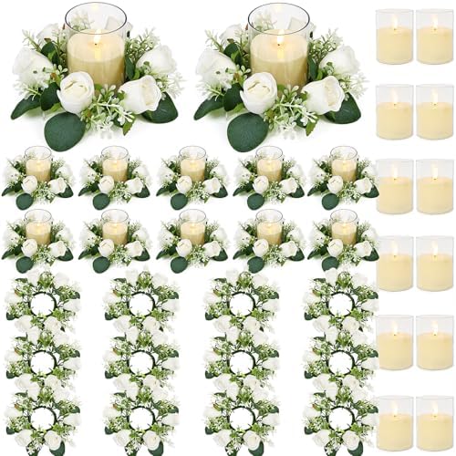 White Rose Candle Rings with Flameless Candles Sets - 24PCS Artificial Flower Eucalyptus Wedding Centerpiece 3 Inch Pillar Candleholders Wreaths for Wedding Party Decor (White - 12 Sets) by ACMEE