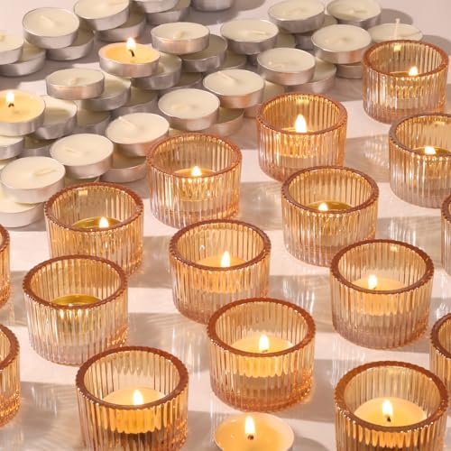 NITIME 30Pcs Ribbed Gold Candle Holders for Table Centerpiece, Gold Tea Light Candle Holders with 32pcs Tea Light Candles for Wedding Decor, Diwali, Home and Party Decor by NITIME