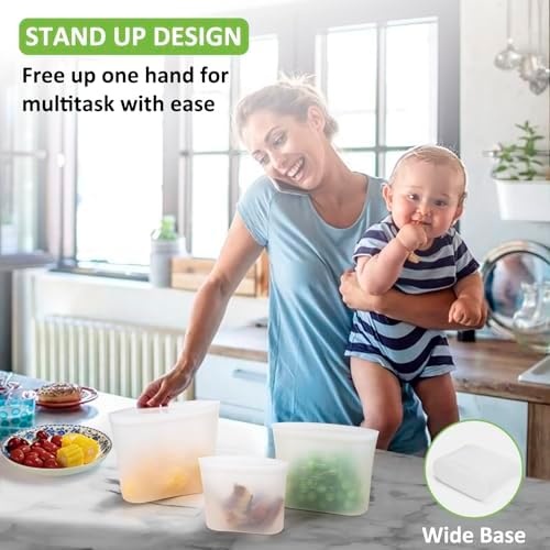 Reusable Storage Bag, 12 Pack 100% Silicone Food Storage Bags Stand Up Silicone Zip Lock Bags for Food Container, Freezer Microwave Oven Dishwasher Safe, 4 Medium 4 Small 4 Extra Small, Translucent - Image 4