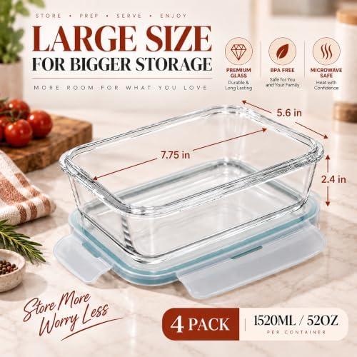 Razab 6.5 Cups / 52 Oz 4 Piece (2 Containers + 2 Lids) Glass Food Storage Containers Set with Airtight Locking Lids - For Storing, Baking & Serving BPA Free, Leakproof - Microwave, Freezer & Oven Safe - Image 2