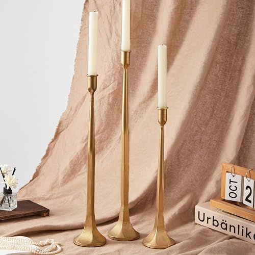 Denique Iron Taper Candle Holder Set of 3, Gold Candlestick Holders 19.3”17” 14” Heightening Decorative Candle Stand Set for Wedding, Dining Table, Home Decoration (Gold) - Image 3