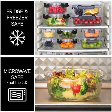 COOK WITH COLOR Premium 32-Pc. Borosilicate Glass Food Container Set with Dividers - 4 Rectangles, 8 Rounds, 4 Squares - Leakproof Lids - Meal Prep, Storage, Fluted Ombre Black - Image 4