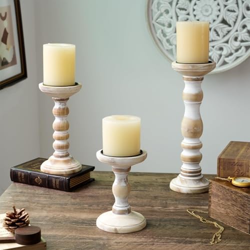 Wood Pillar Candle Holder: Rustic Distressed White Candle Stand - Image 5