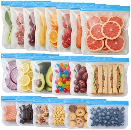 20 Pack Reusable Freezer Bags, Leakproof Reusable Silicone Food Storage Bags BPA Free Contaizers, Snack Sandwich Gallon Bags for Meal Prep, Marinate Meat, Salad Fruit, Veggies, Lunch, Kitchen Blue by Anelueeoo