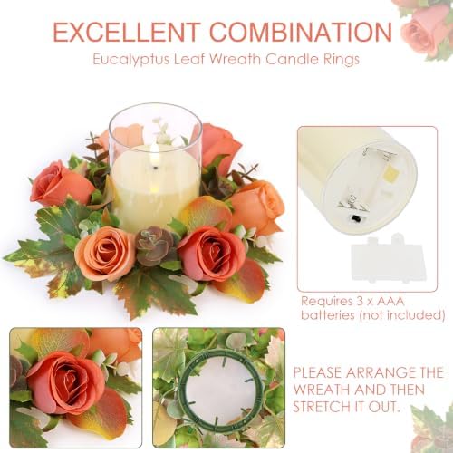 Terracotta Rose Candle Rings with Flameless Candles Sets - 12PCS Artificial Flower Eucalyptus Fall Candle Wreath 3 Inch Fall Candle Rings Wreaths for Autumn Candle Rings (Terracotta - 6 Sets) - Image 4