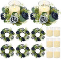 Blue Rose Candle Rings with Flameless Candles Sets - 12PCS Artificial Flower Eucalyptus Wedding Centerpiece 3 Inch Pillar Candleholders Wreaths for Wedding Party Decor (Dusty Blue &Silver Rose) by ACMEE