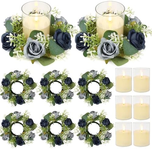 Blue Rose Candle Rings with Flameless Candles Sets - 12PCS Artificial Flower Eucalyptus Wedding Centerpiece 3 Inch Pillar Candleholders Wreaths for Wedding Party Decor (Dusty Blue &Silver Rose) by ACMEE