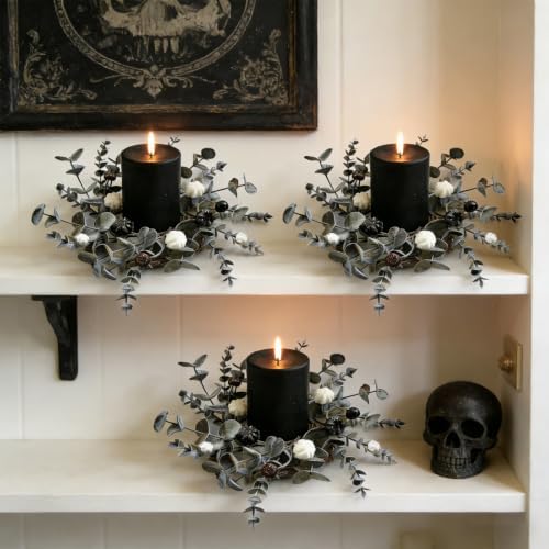 6 Pcs Grey Eucalyptus Halloween Mini Candle Ring Wreaths White Black Mini Pumpkin with Berry Accents Artificial Pillar Candle Holder Wreath for Gothic Rustic Home Cabinet Table Porch Decoration - Image 5
