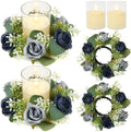 Blue Rose Candle Rings with Flameless Candles Sets - 4PCS Artificial Flower Eucalyptus Wedding Centerpiece 3 Inch Pillar Candleholders Wreaths for Wedding Party Decor (Blue - 2 Sets) by ACMEE