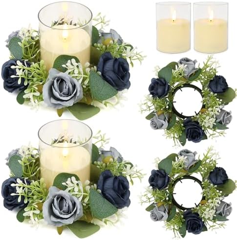 Blue Rose Candle Rings with Flameless Candles Sets - 4PCS Artificial Flower Eucalyptus Wedding Centerpiece 3 Inch Pillar Candleholders Wreaths for Wedding Party Decor (Blue - 2 Sets) by ACMEE