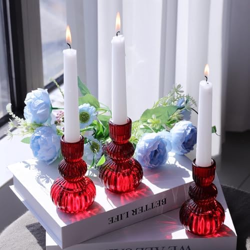 Woho 3pcs Red Taper Candle Holders Glass, Candlestick Holders for Christmas - Image 6
