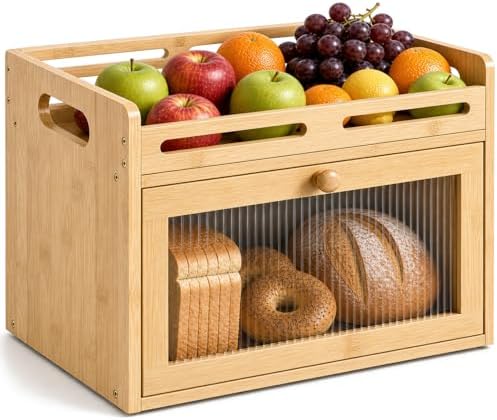 Bread Box for Kitchen Countertop, Bamboo Storage Container with Top Shelf by Unknown