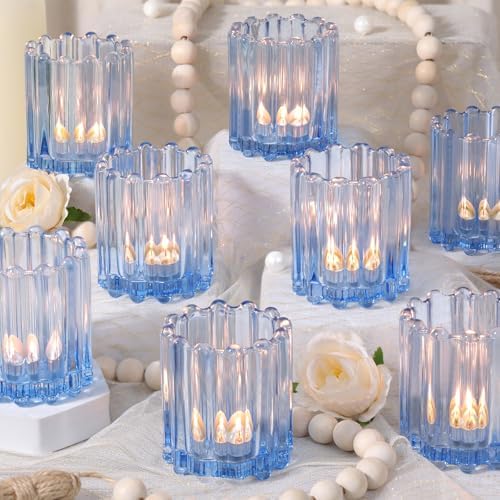 HAVITI Glass Blue Votive Candle Holder, Ribbed Votive Candle Holders Set of 12, Tealight Candle Holder for Wedding Centerpieces Dinner Party Table Decor by LOVELIGHTLOVELIFE