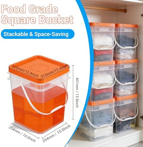 4 Pack 6.6 Gallon Square Plastic Bucket with Orange Lids, Heavy Duty Storage Containers with Handle, Large Clear Plastic Pail for Paint, Cleaning and Industrial Use, BPA Free - Image 5