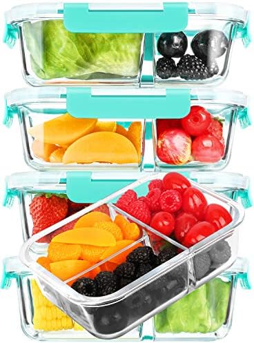 M MCIRCO 5 Pack,36 oz, 3 Compartments Glass Meal Prep Containers with Lids by MMCIRCO