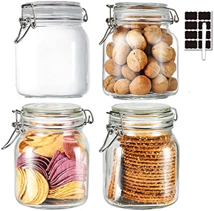 32oz Glass Food Storage Jars with Airtight Clamp Lids,Set of 4 Airtight Glass Canister Square- Clear Storage Container for Kitchen Container Storing Sugar, Flour, Cereal,Coffee,Spice… by ZALSSKE