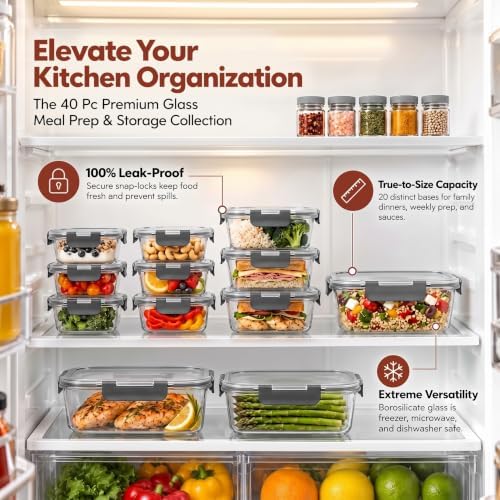 Razab 40 PC Glass Kitchen Storage Containers with Lids, Stackable Set - Image 4
