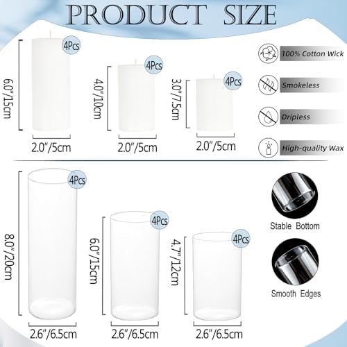 24 Pcs White Pillar Candles and Glass Candle Holders Cylinder Candle Vases for Pillar Candles Hurricane Candle Holders Set for Wedding Party, Event, Home Office Decor - Image 4