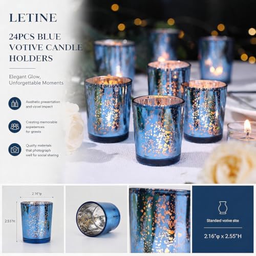 LETINE 24pcs Blue Votive Candle Holders – Glass Tea Light Candles Holder, Standard Votive Size for Regular Votive Candles – Bulk Candle Holder for Summer Weddings, Waterfront Venues, Home Decor - Image 2