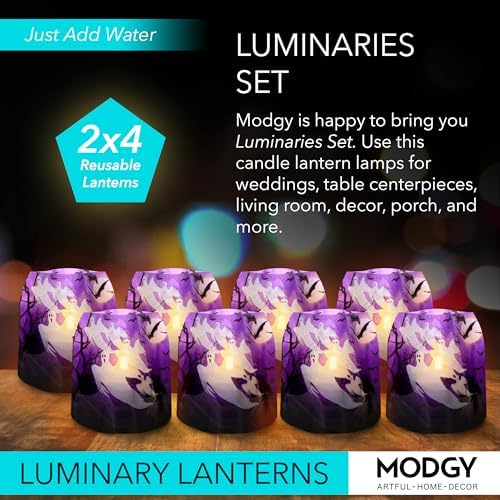 MODGY Luminary Lanterns Candle Holder Decorative Indoor Outdoor Decor, Lanterns for Wedding Centerpiece Decoration Outside Patio, with Flameless Floating LED Candles, Boo! Pack of 2 - Image 2