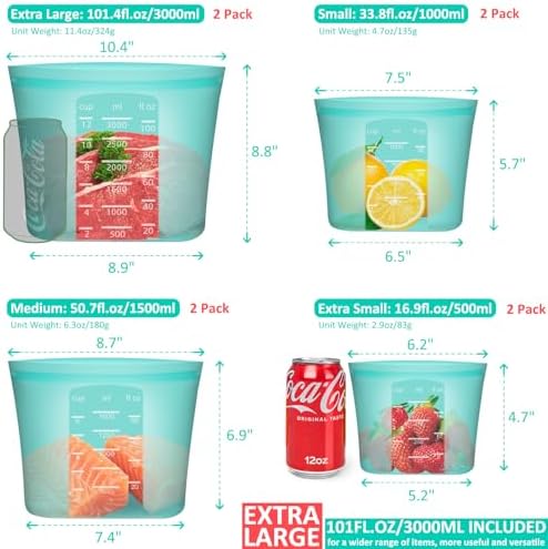 Reusable Storage Bag, 8 Pack 100% Silicone Food Storage Bags Stand Up Zip Lock Bags for Food Container, Freezer Microwave Oven Dishwasher Safe, 2 X-Large(0.8 Gallon) 2 Medium 2 Small 2 X-Small, Aqua - Image 3