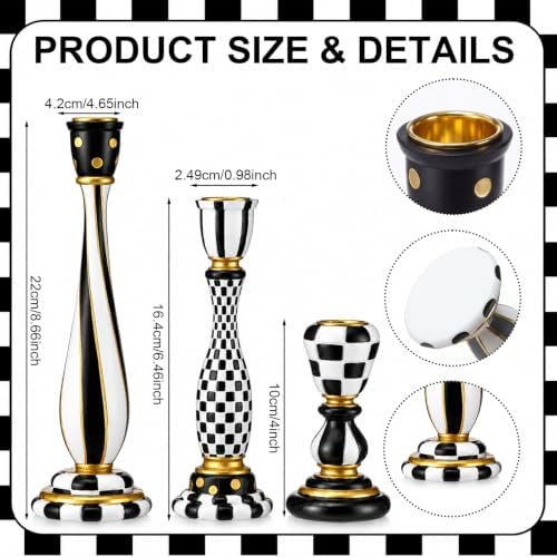 3 Pcs Black and White Checkerboard Taper Candle Holder,Vivid - Image 2