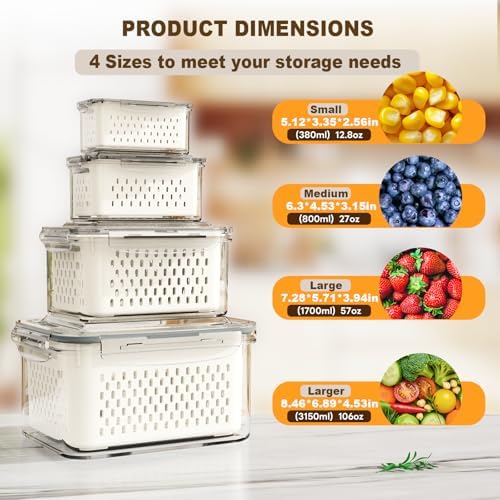 Dayacoco Fruit Storage Containers for Fridge 4 Pcs with Drain Basket - Image 2