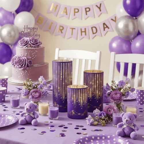 Purple Illuminated Starry Night Hurricanes with Remote Timer, Flickering LED Candle Holder for Halloween Mantel Decor, Party, Lavender Weddings, Memorials and Purple Events, Set of 3 - Image 5