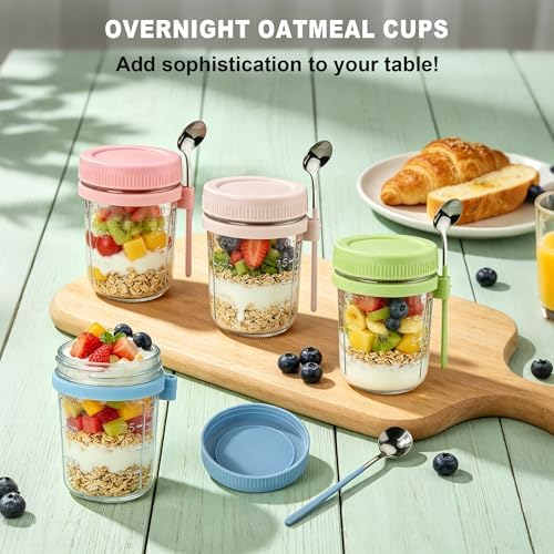 6Pcs Overnight Oats Containers with Lids and Spoons,16oz Glass Meal Prep Jars with Measurement Marks, Leak-Proof Breakfast Food Storage for Yogurt, Cereal, Salad, BPA-Free (6 Colors) - Image 6