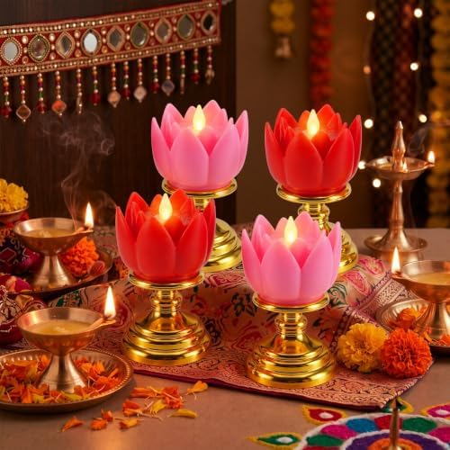 VIHOSE 4 Pcs Diwali Lotus Flower LED Lights, Lotus Candle Holders - Image 3