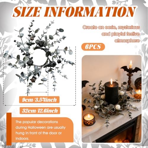 6 Pcs Grey Eucalyptus Halloween Mini Candle Ring Wreaths White Black Mini Pumpkin with Berry Accents Artificial Pillar Candle Holder Wreath for Gothic Rustic Home Cabinet Table Porch Decoration - Image 2
