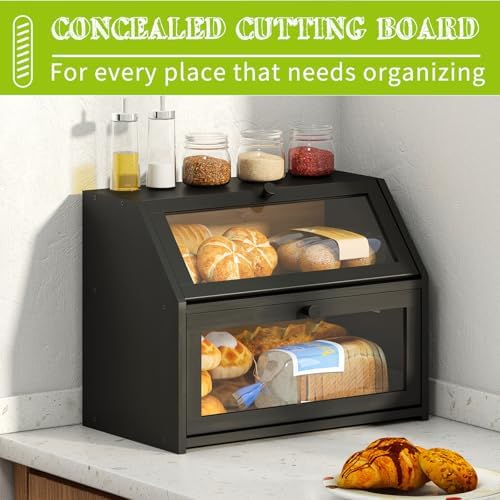 BMOSU Farmhouse Bread Box for Kitchen Countertop Bread box Double Layer Bamboo Wooden Extra Large Capacity Bin Kitchen Food Storage Container(Black) - Image 3