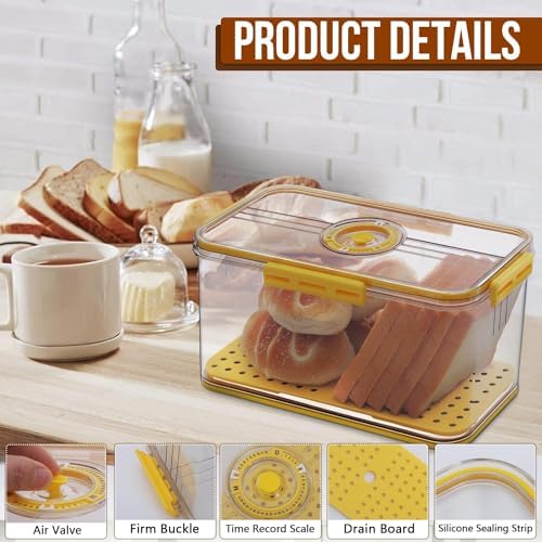 Gifhomfix Bread Box Airtight Bread Boxes for Kitchen Counter, Time Recording Bread Storage Container with Lid, Bread Holder for Homemade Bread, Toast, Bagel, Donut and Cookies, Yellow - Image 3