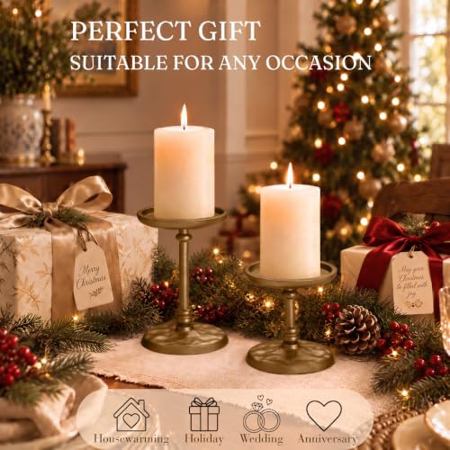 PERFNIQUE Cast Iron Pillar Candle Holders Set of 2 Antique Gold Candle Tray - Image 5