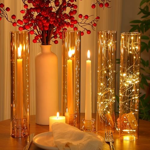 Teenyyou 12 Set Glass Hurricane Candle Holders Candlestick Bulk 12.6",Amber - Image 6
