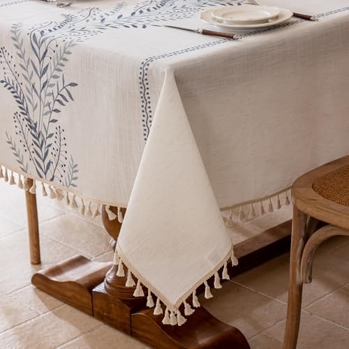 Joyfol Day Rustic Waterproof Linen Tablecloth, Heavy Weight Fern Embroidery Table Cloths for Rectangle Tables, Farmhouse Spill-Proof Table Covers with Tassels, Blue 55''x 120'' - Image 7