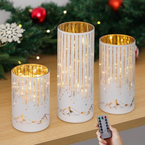 Starry Night Hurricane Candleholders with Warm LED Lights & Remote Timer, Elegant Twinkling Decorative Centerpieces for Wedding, Dining Table, Living Room, Mantel Décor, Set of 3 (White) - Image 6