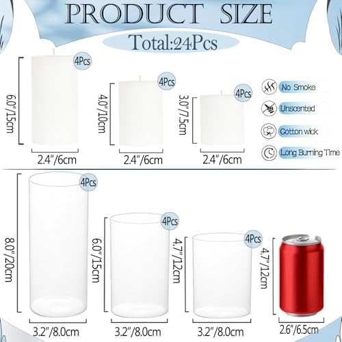 UDU 24 Pcs White Pillar Candles and Glass Cylinder Vases, Hurricane Pillar Candle Holder Vases for Wedding Centerpieces Table Party Home Decor(3.2" X 4.7", 6", 8") - Image 2