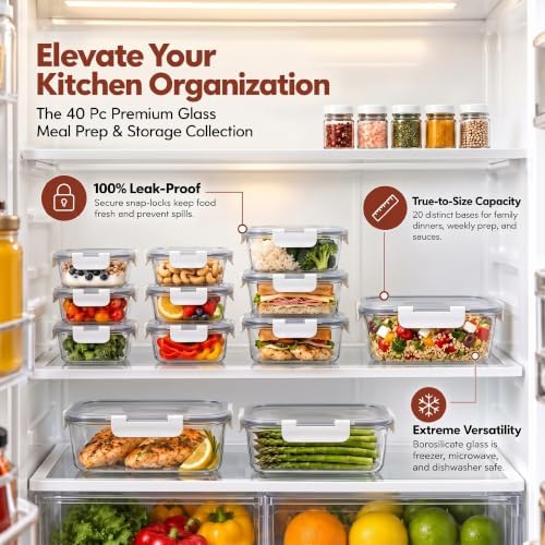 Razab 40 PC Set Leakproof Glass Food Storage Containers with BPA Free Lids - Image 4