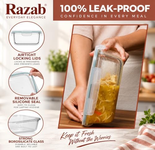 Razab 6.5 Cups / 52 Oz 4 Piece (2 Containers + 2 Lids) Glass Food Storage Containers Set with Airtight Locking Lids - For Storing, Baking & Serving BPA Free, Leakproof - Microwave, Freezer & Oven Safe - Image 4