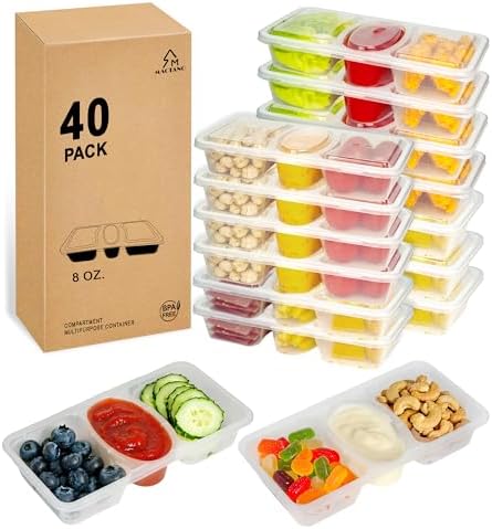 MACTANO 8 OZ Reusable Snack Containers with Lids, New 3 Compartment Condiment Snack Pack Containers 40 Sets by MACTANO