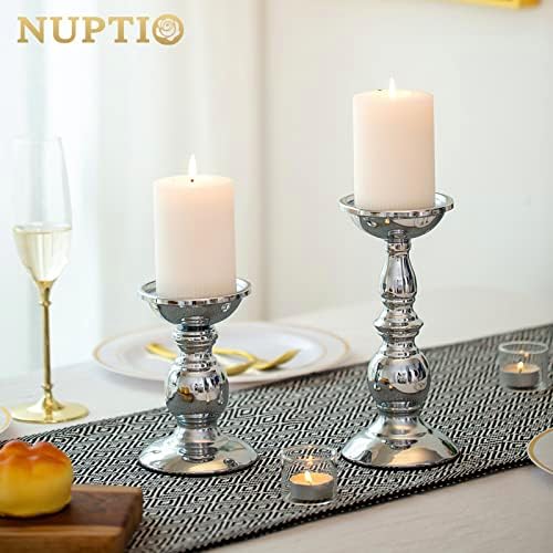 Nuptio Pillar Candle Holders Metal Candle Holder Ideal for 3 inches Candles, Silver Candle Holder for Living Room, Gardens, Spa, Aromatherapy, Incense Cones, Wedding, Party, 2 Pcs - Image 3