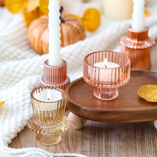 Pink Candlestick Holders 12PCS Ribbed Glass Taper Candle Holders Set for Tealight Candlestick Candles, Table Centerpieces for Weddings Christmas Home Decor Indoor and Outdoor - Image 5