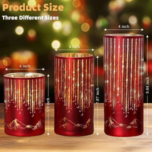Starry Night Elegant Hurricane Candleholders with LED Flickering Lights & Remote Timer, Decorative Glass Hurricanes for Indoor Table Centerpieces & Year-Round Home Decor, Set of 3 (Red) - Image 2