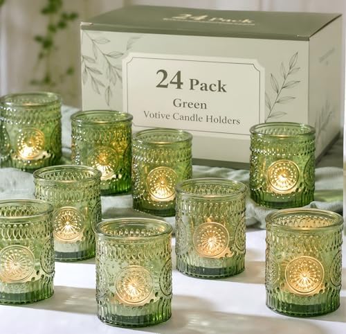 24 Pcs Green Votive Candle Holders for Wedding, Christmas Tealight Holder, by DEVI