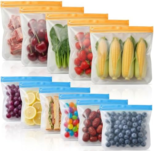 10 Pack Reusable Gallon Freezer Bags Reusable Sandwich Bags Dishwasher Safe, Silicone Leakproof Food Storage Bags BPA Free, Freezer Bags for Marinate Meat Snack Sandwich Meal Prep Travel Kitchen by Anelueeoo