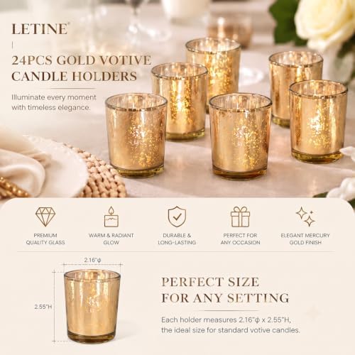 LETINE 24pcs Gold Votive Candle Holders – Glass Tea Light Candles Holder, Standard Votive Size for Regular Votive Candles – Bulk Candle Holder for Party Decorations, Bridal Shower, Holiday Decor - Image 2